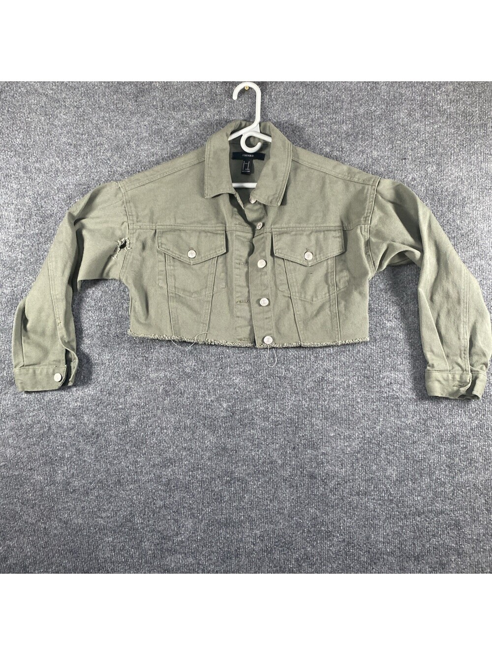Forever21 Army Green Cargo Jean Jacket 100% Cotton Button Down Sz Small Crop AD